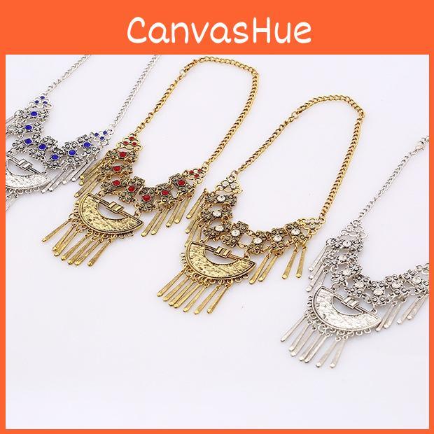 Carved Alloy Vintage Necklace With Embedded Rhinestones Decor Design Tassel