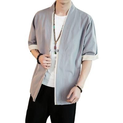 Sommer Herren Kimono Jacken Cardigan Leichtgewicht Baumwollmischungen Leinen Siebenärmel Offen vorne Hanfu Mantel