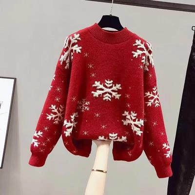 Dames Rode Gebreide Trui Pullover - Nieuwe Luie Stijl Herfst/Winter Mode voor Kerst en Nieuwjaar.