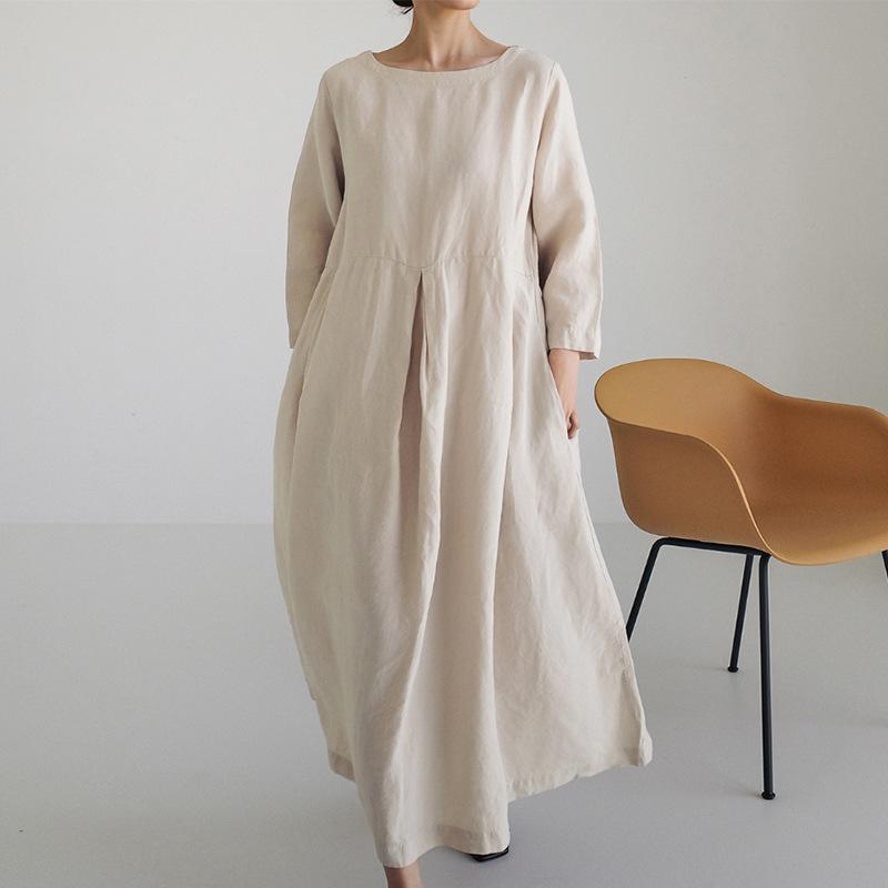 Loose Plus Size Women's Cotton Linen Style Round Neck Pullover Solid Colour Knee-length Dress Big Swing Dress