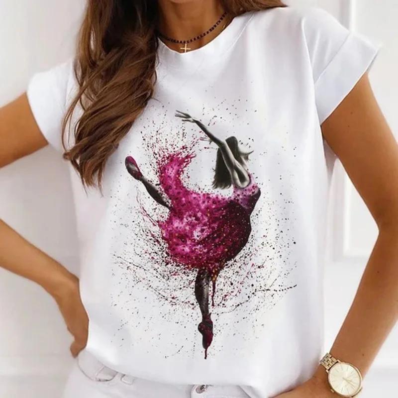 Stylish African Womens Watercolor Ballerina Girl Cute Cartoon Short Sleeve Tshirt Summer Tops Vintage Clothes Oversized Tee