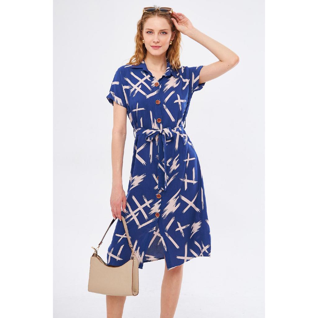 Women's Navy Blue Big Floral Belted Short Sleeve Shirt Dress Arm-22y001007