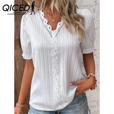 Women's Fashion Casual Summer Solid Color Print Short Sleeve V-Neck Blouses & Shirts