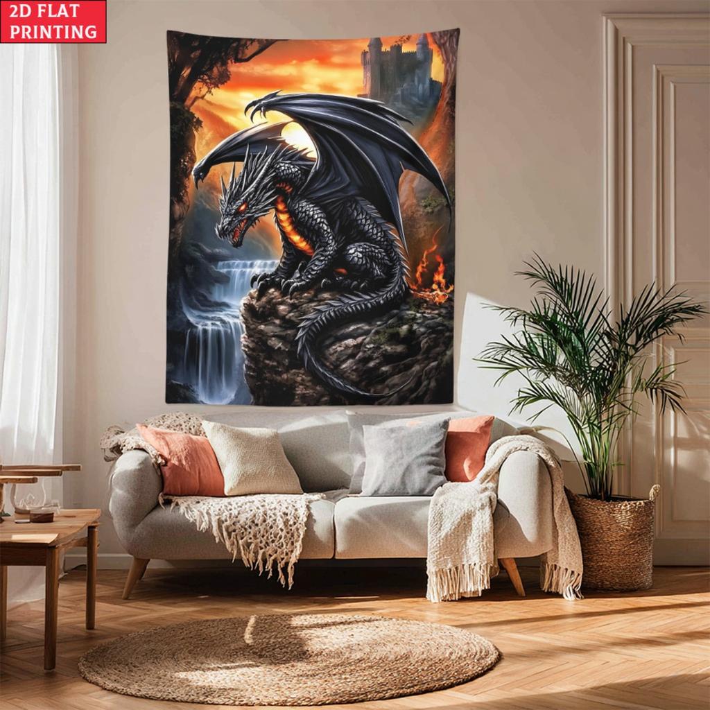 Fantasy Black Dragon Castle Sunset Tapestry Mythical Creature Wall Art Medieval Fantasy Decor Living Room Bedroom Dragon Poster