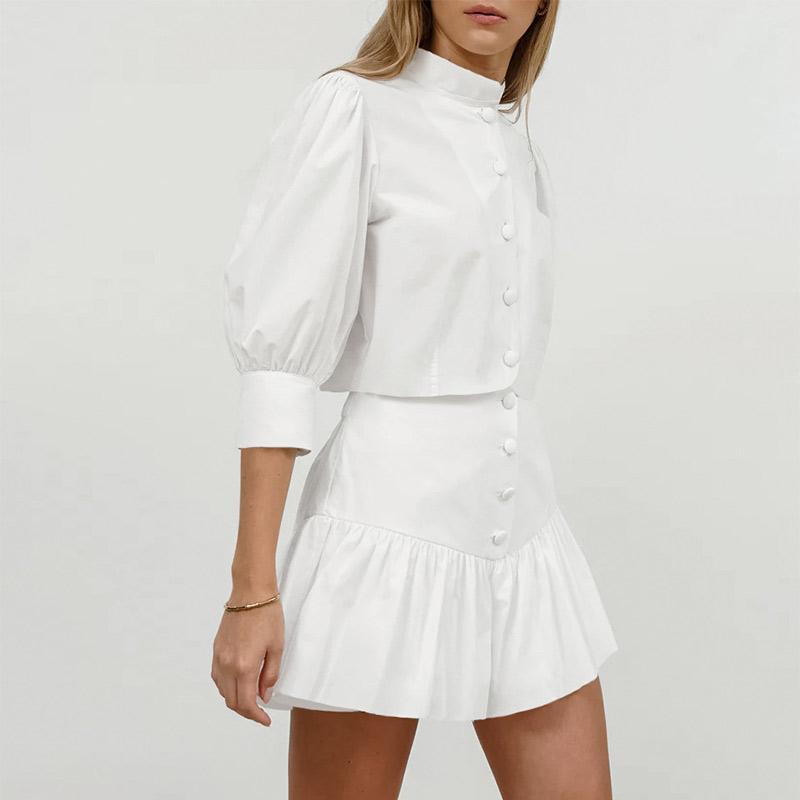 Costume elegante albe cu fustă, femei, cămăși cu mâneci bufante + fuste cu volane, bumbac și in, ținute de vacanță, seturi de două piese