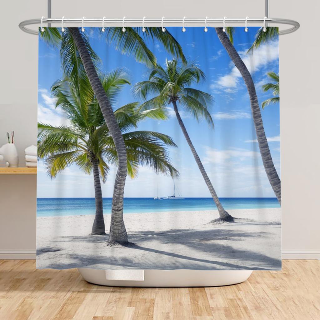 Beach Vacation Shower Curtain Tropical Palm Trees Ocean Waves Starfish Sandy Shore Pattern Waterproof Polyester Bathroom Decor