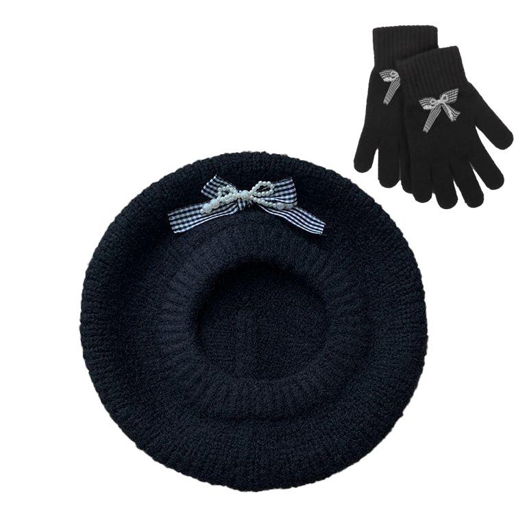 New Sweet Bow Knitted Beret Warm Versatile Big Head Circumference Showing Face Small Painter Hat