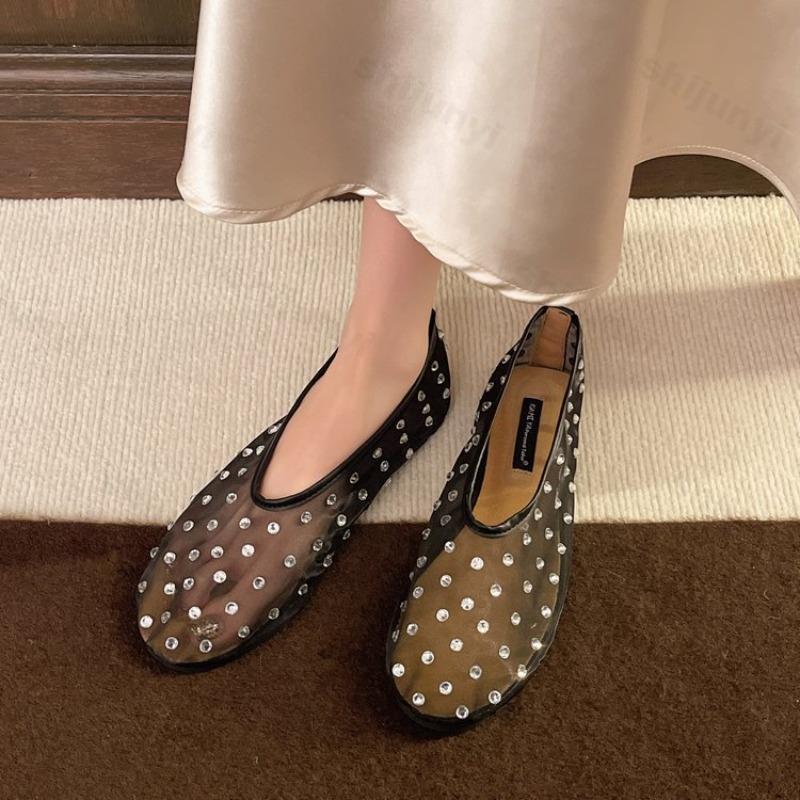 Fashion Summer Women Ballet Flat Shoes Rhinestones 2025 Mesh Mary Jane Shoes Female Soft Breathable Casual Shoes Zapatillas De Mujer