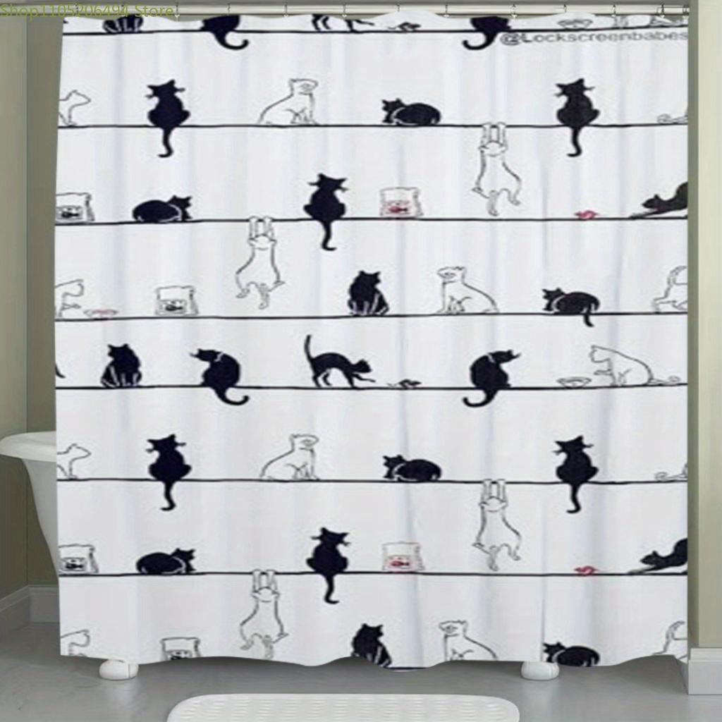1pc Spring Cat Illustration Design Polyester Shower Curtain Home Decor Printed Curtain No-Hole Bathroom Partition