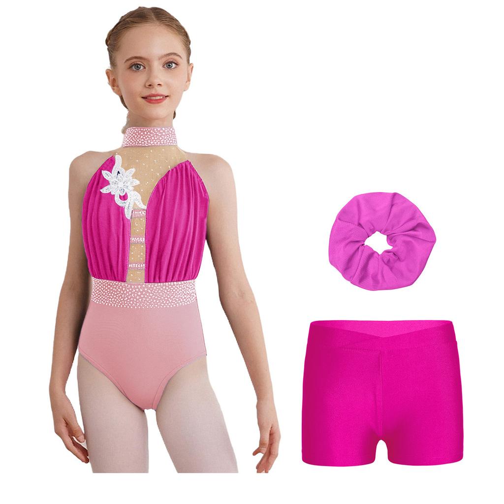 Girls Gymnastics Dance Outfit Sleeveless Keyhole Back Rhinestones Leotard V Waistband Shorts Hair Tie