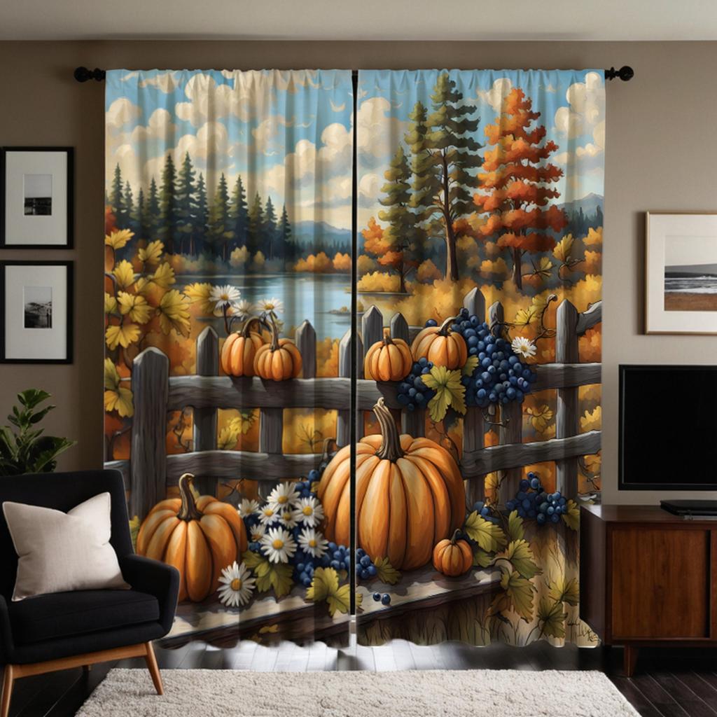 2pcs HD outdoor autumn river edge pumpkin fruit decorative curtain Yellow tie digital printed curtain home decoration style d