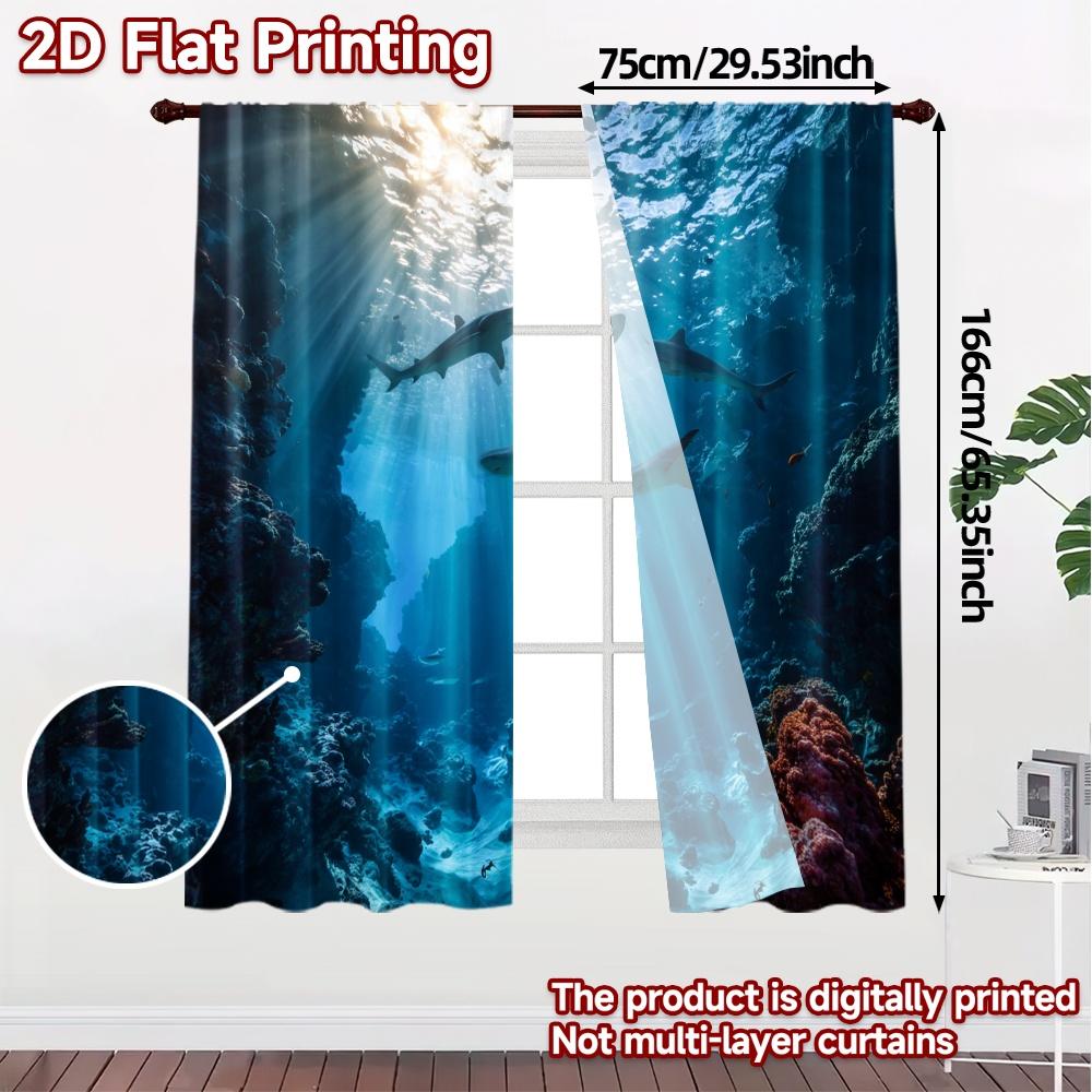 Modern Flat Printing Curtains Without Rod Ocean Predators Fashionable Polyester Gifts Set Of 2 Made