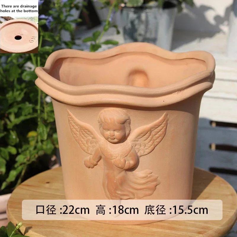 Pottery Clay Breathable with Drainage Holes Flower Pot Relief Home Furnishings Garden Plant Garden Supplies Personality Vases
