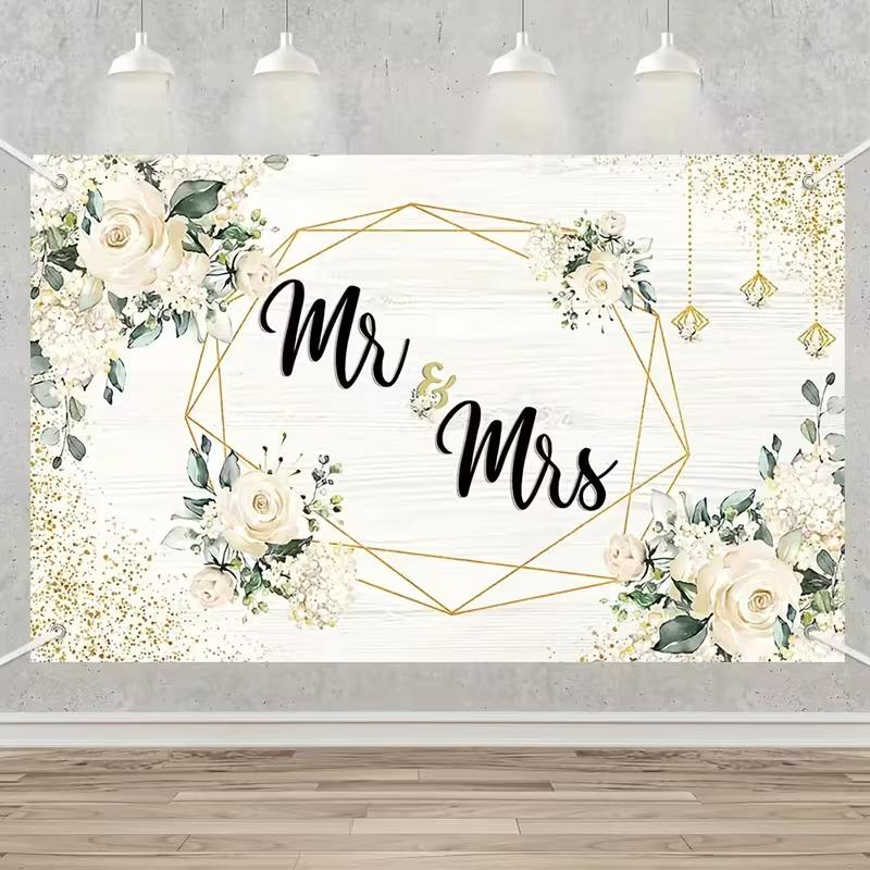 2D Flat Rustic Wood Wedding Banner, White Rose & Eucalyptus Bridal Shower Photo Booth
