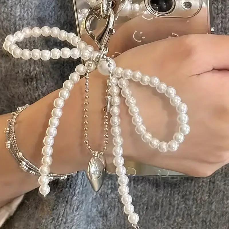 Sweet Imitation Pearls Bowknot Keychain Beaded Heart Pendant Keyring For Women Handbag And Backpack Key Chain Exquisite Ornament