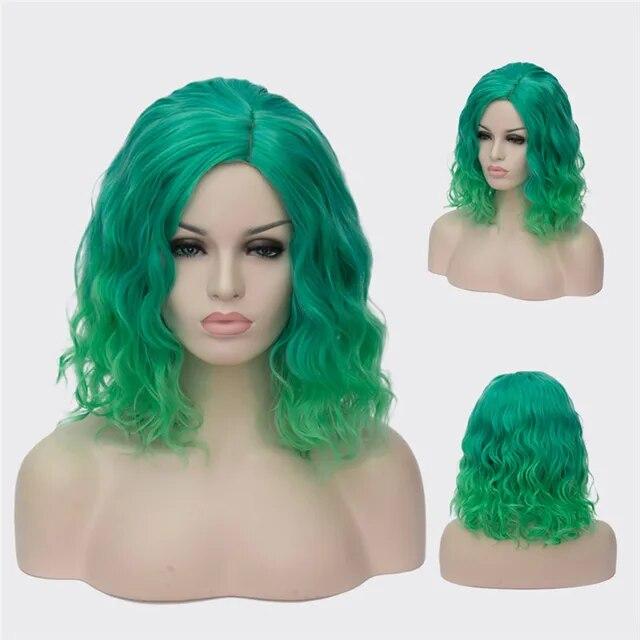 Peruci Cosplay ondulate pentru femei, scurte, albastru, violet, roz, verde, auriu, galben, parte laterală, păr sintetic din fibre rezistente la căldură