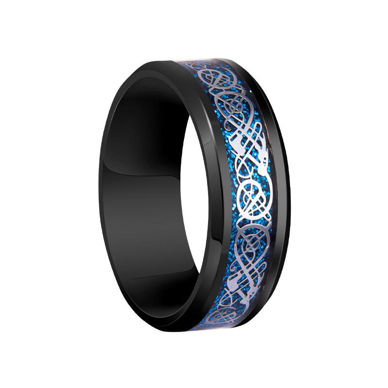 Fashion 8mm Red  Beveled Edge Stainless Steel Celtic Dragon Rings for Men  Carbon Fibre Ring Men Wedding Band