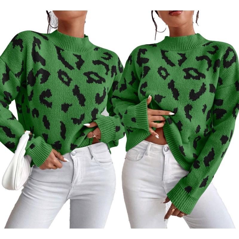 Women S Fashion Round Neck Long Sleeve Pullover Sweater Leopard Print