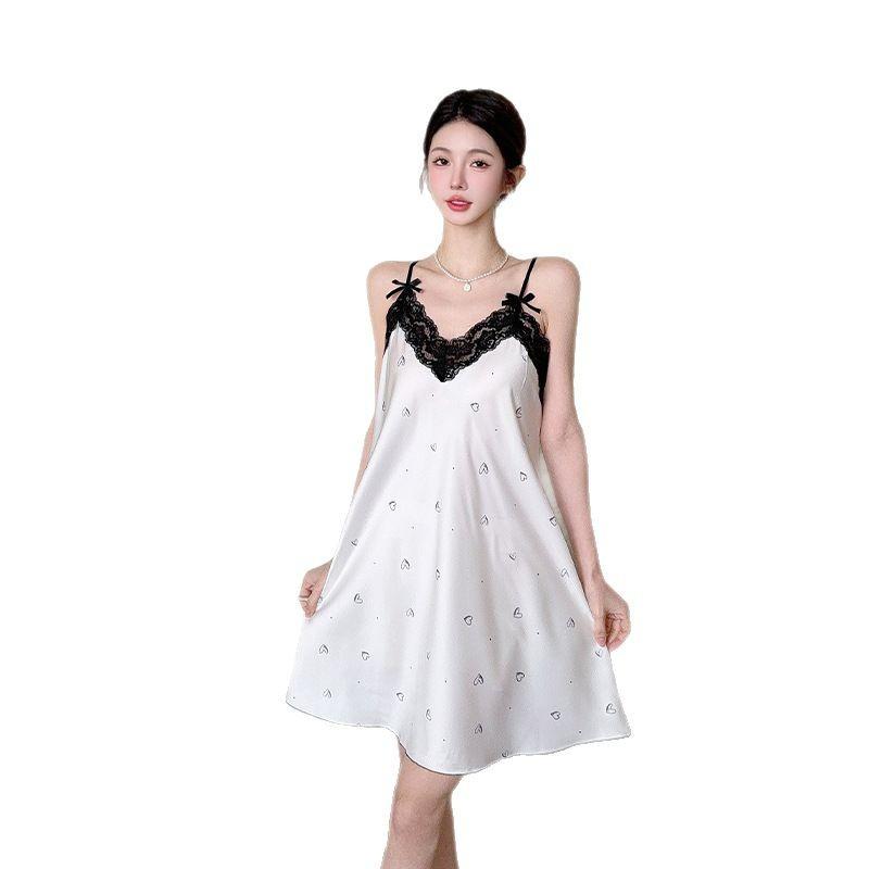 Women’s Summer Ice Silk Nightgown Sexy Sweet Lace Trim Princess Camisole Sleep Dress