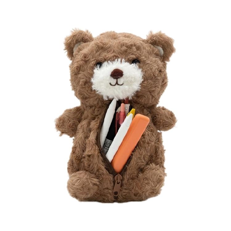Cartoon Furry Bear Pencil Case Large Compartment Plush Pencil Pouches Zippered Closure For Offices School Travel Use