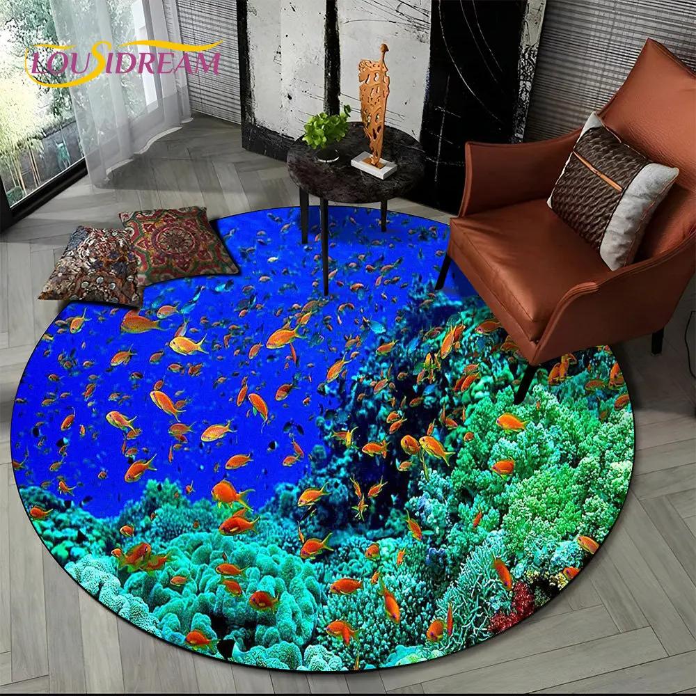 3D Seabed Underwater World Dolphin Turtle Round Area Rug,Carpet for Living Room Bedroom Sofa Playroom Decor,Non-slip Floor Mat
