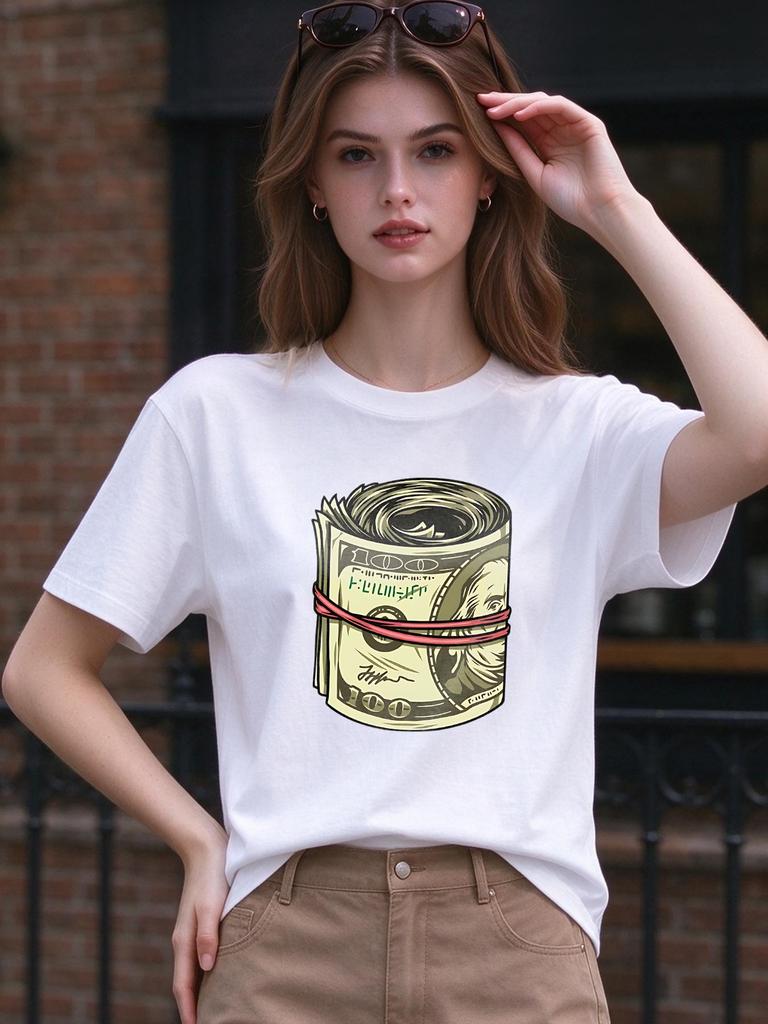 Unisex T-shirt Rolled Dollar Bill Printed Casual Loose Soft Summer Daily Tee Top