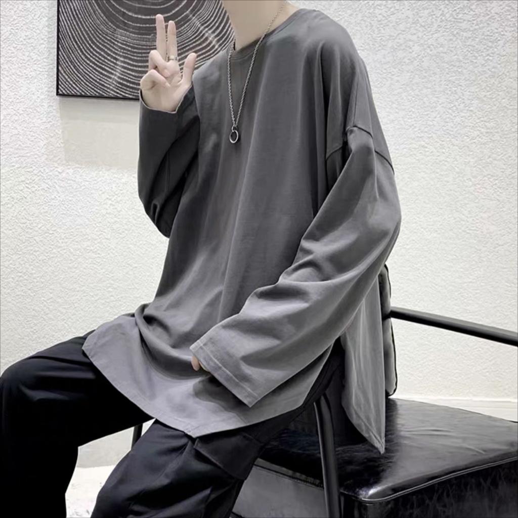 Spring Autumn Oversized T-shirt Men Harajuku Solid Irregular T Shirt Men's Pullover Tees Long Sleeve Y2k Tops Hip Hop Streetwear