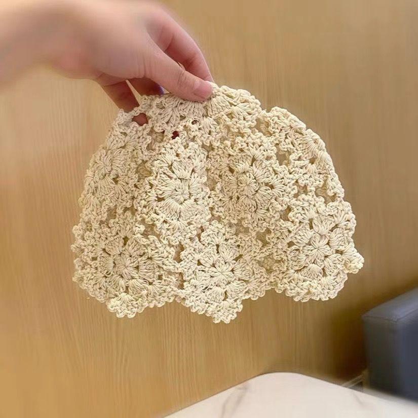 Women's Japanese Style Hollow Out Handmade Crochet Head Cap Thin Retro Flower Knitted Wool Hat Kni