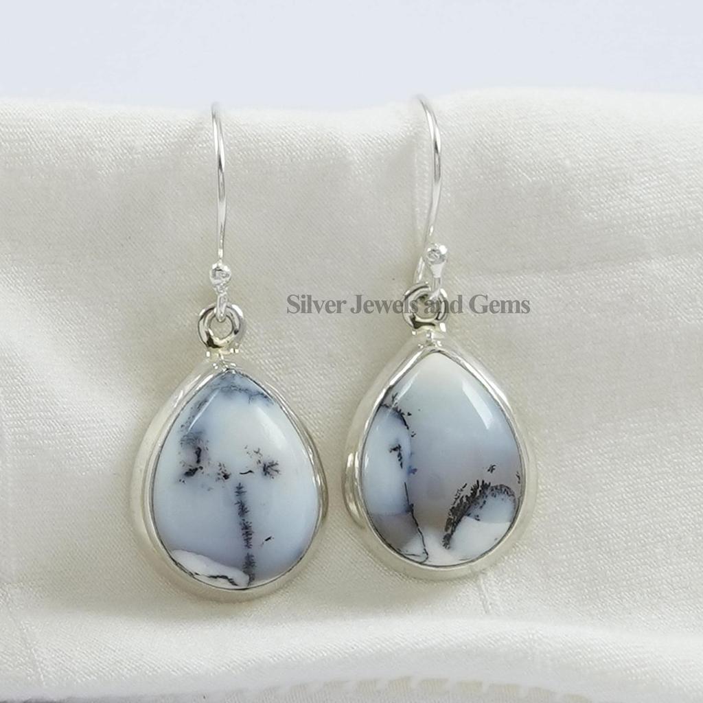 Natural Dendrite Opal Earring, Teardrop Gemstone Earring, Handmade 925 Sterling Silver Earrings, Gift for Mom, Black and White Earring