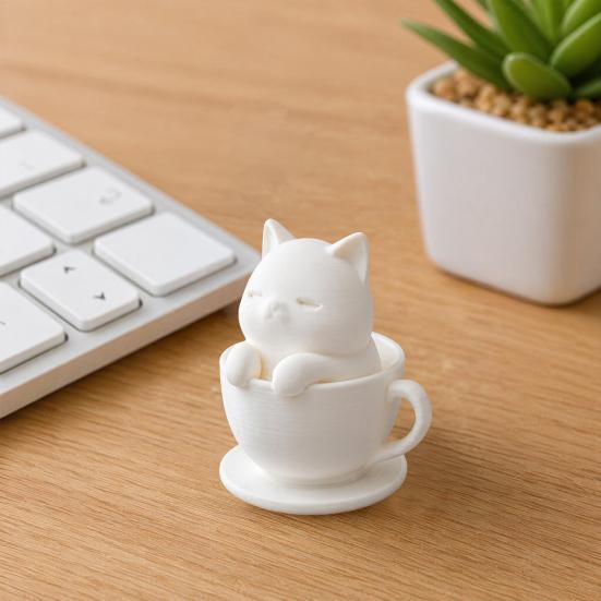 yangyizhi 3D Printed Cute Cat Teacup Figurine, Mini Animal Statue Healing Decor Ornament, Smooth White Desktop Sculpture with Integrated Stable Base,