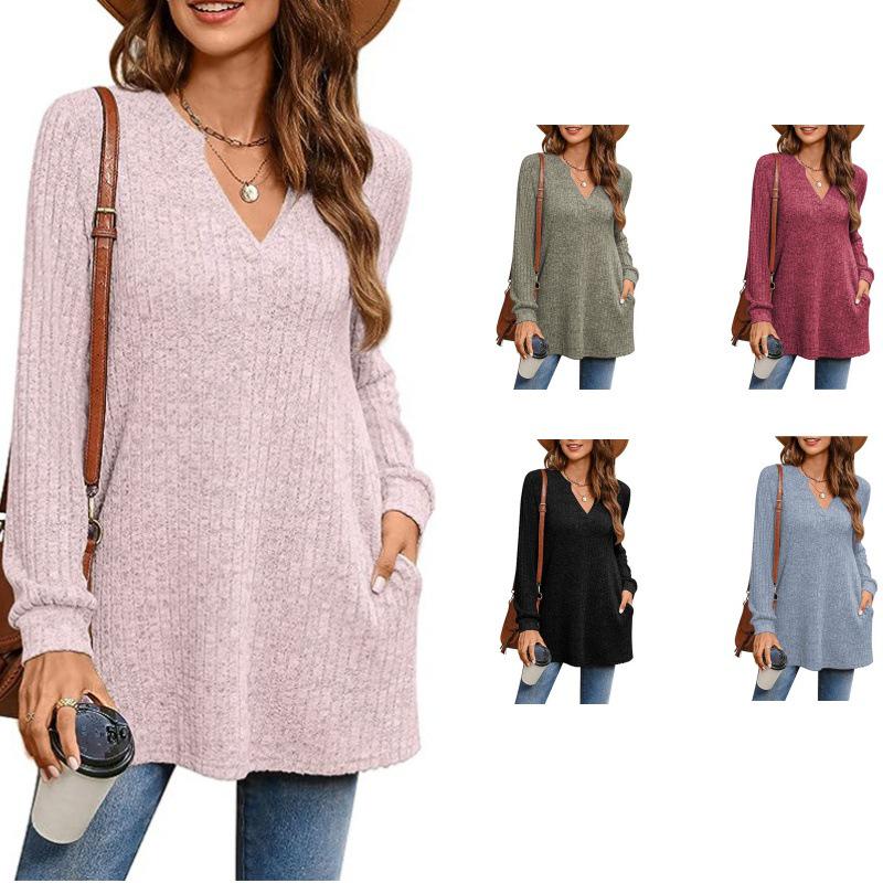 2025 Autumn/Winter Women's European Style Long Sleeve Loose Knit Top with Pockets