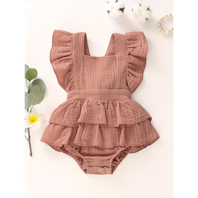 European & American Baby Ruffle Sleeveless Romper, Solid Color, Backless Design (2025 Edition)