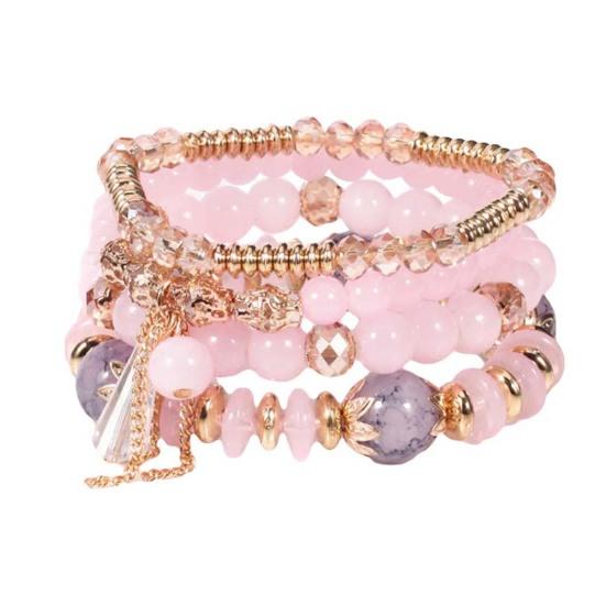 4Pcs/Set Boho Faux Agate Pearl Tassel Chain Charm Beaded Bracelet Women Jewelry
