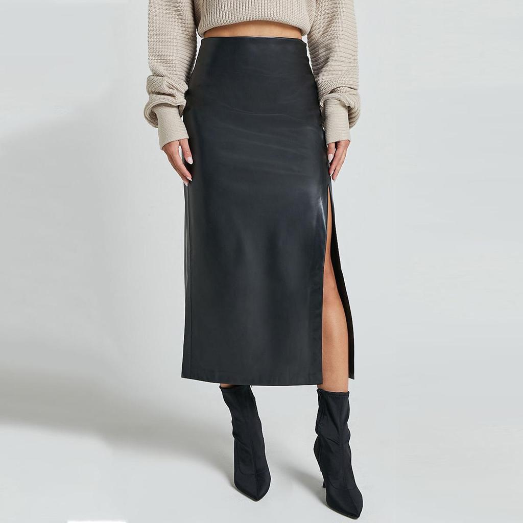 PU Kůže Sukně Midi se Zipem s Vysokým Pasem: Podzimní/Zimní Bodycon sukně s rozparkem pro ženy