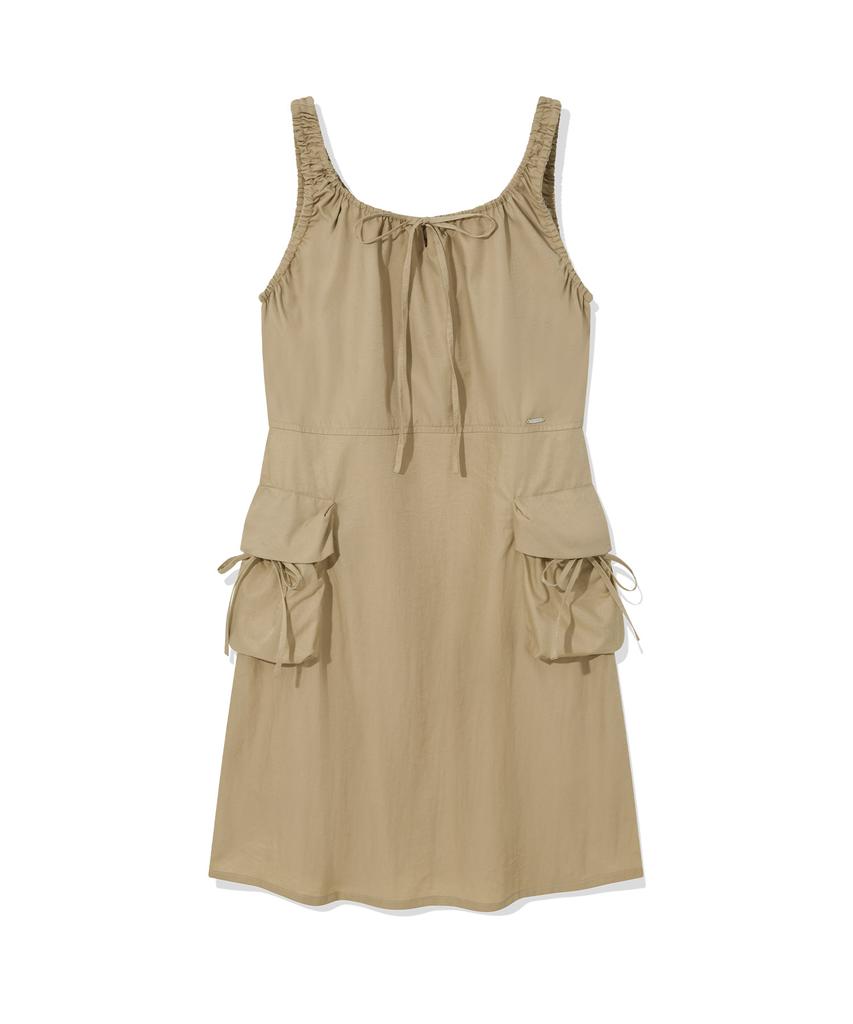 Covernat Woman Shirred Cargo Sleeveless Dress Beige