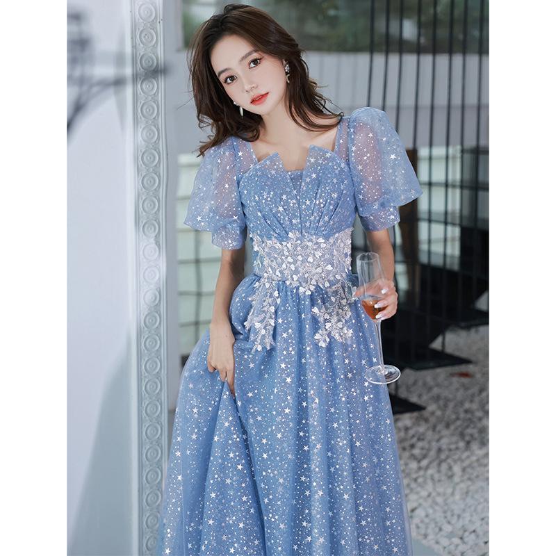 Elegant Blue Long Evening Dress for Women - Luxury Banquet, Vocal Art Exam, Hosting Gown