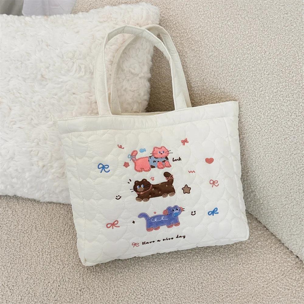 Cute Cat Embroidered Ladies Bento Handbags Carto Quilted Women's Shopping Mommy Bag Simple Female Book Tote Shoulder Bag