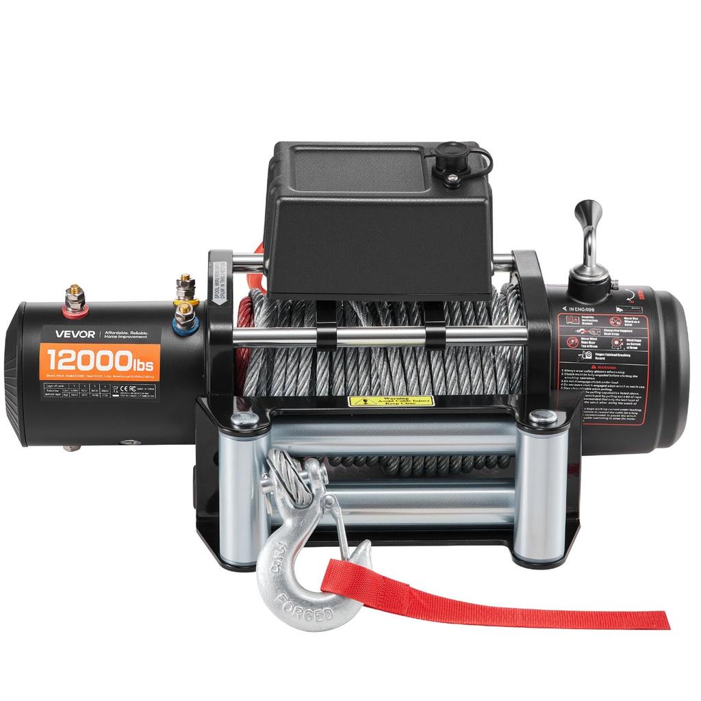 Electric Winch, 5400 kg Load Capacity, 12V DC Truck Winch with 9.1 mm x 26 m Steel Rope, Wireless & Wired Remote Control, Suitable for Towing SUV Jeep