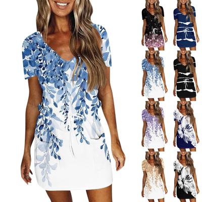 Women's Summer Casual Fashion Printed Drawstring V Neck Short Sleeve Dress