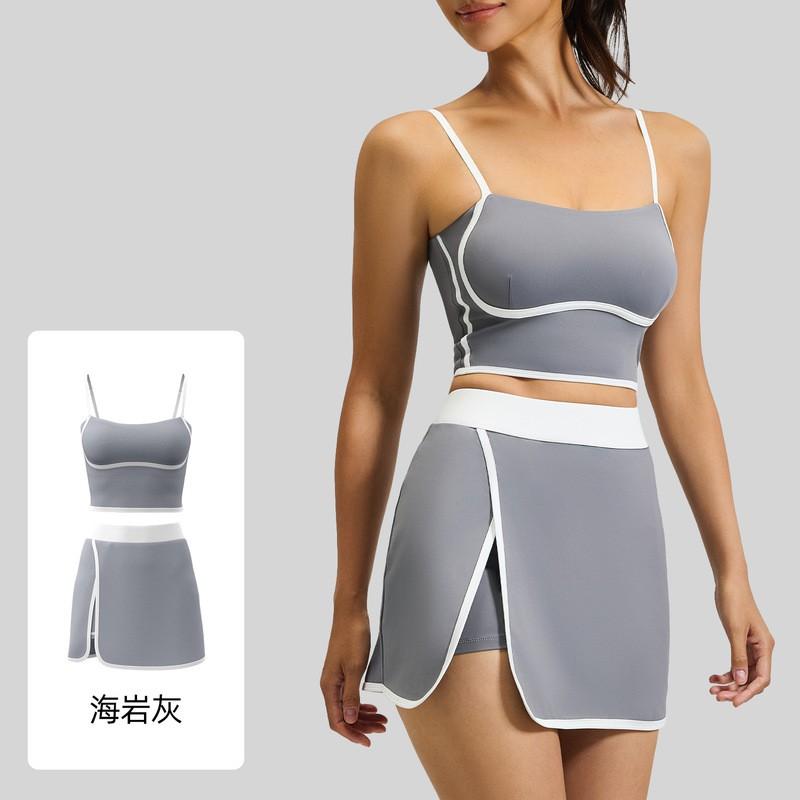 Womens High-Elastic Sport Set With Built-in Bra Skort Running Yoga Fitness Outdoor Activities