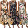 Abito Lungo Lento da Donna Vintage Senza Maniche Scollo O Stampa Floreale Foglie Cotone Lino