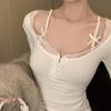 Hotsweet T-shirt da donna sexy slim pizzo fiocco chic manica lunga nuova moda autunno abbigliamento da donna tutto abbinato stile coreano all'interno