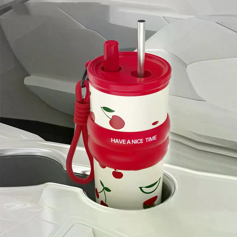 710ML Stainless Steel Cup Bow Cherry Flower Print Insulation Or Cooling High-capacity Cup With Lifting Rope Insulated Cup