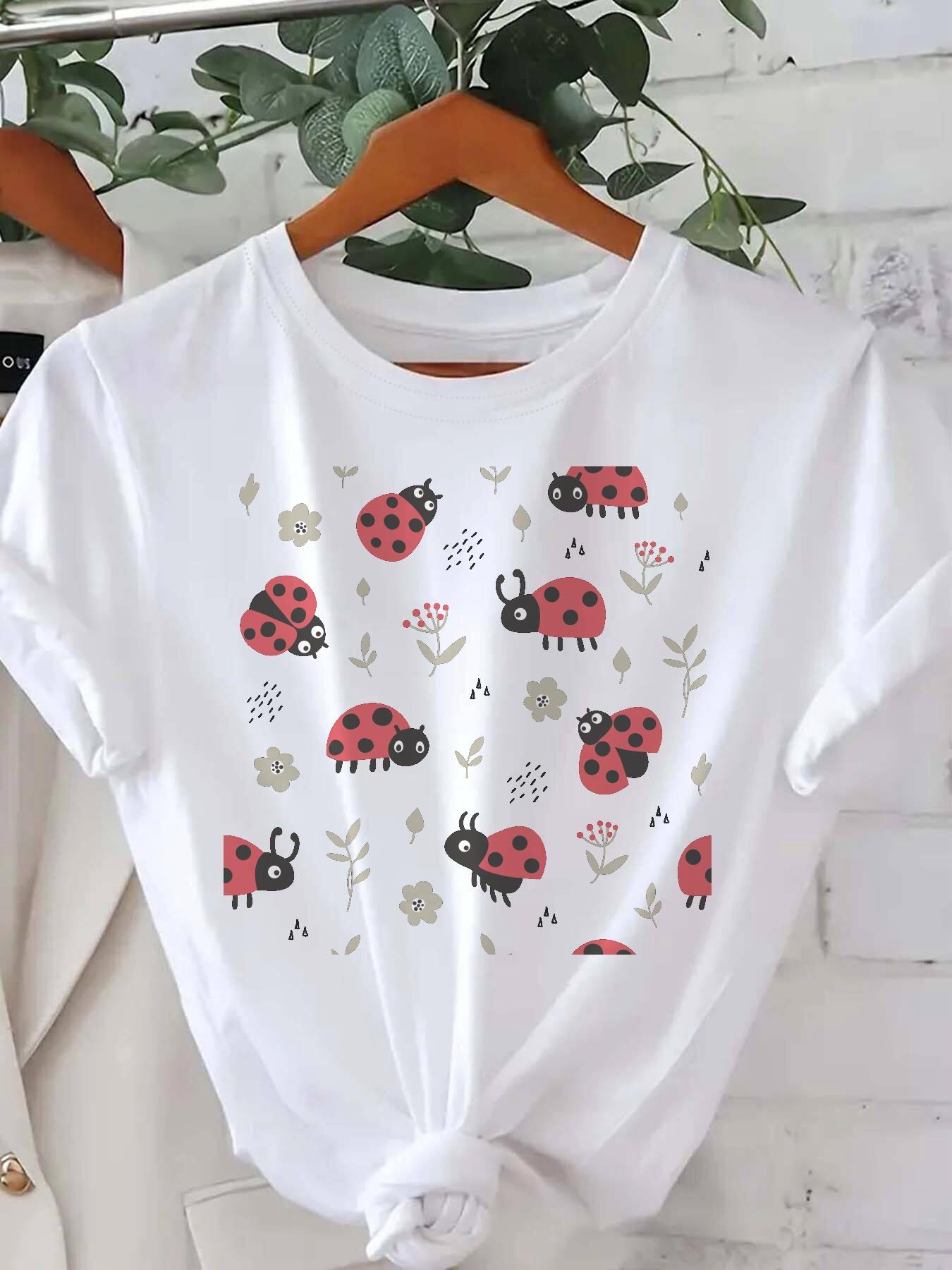 

Seven Star Ladybug Leaf Print Summer Tshirt Top Womens Round Neck Short Sleeved Comfortable Casual Womens Clothing S