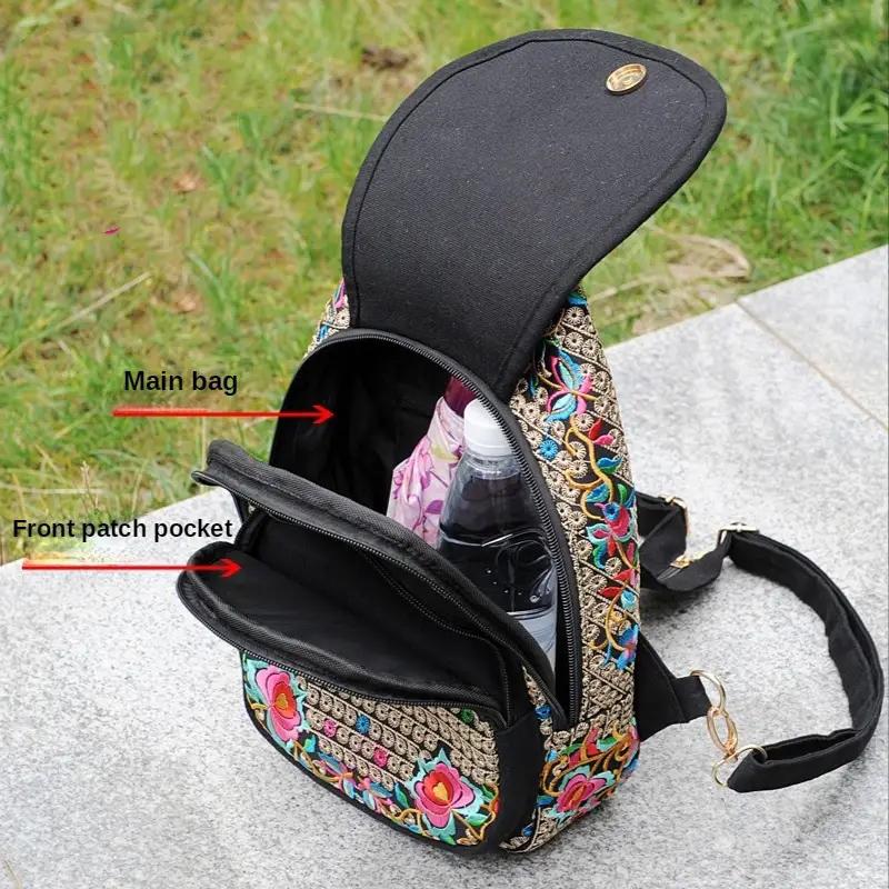Women's Mini Embroidery Backpack Backpack With Detachable Strap Ethnic Style Versatile Multifunction Chest Bag