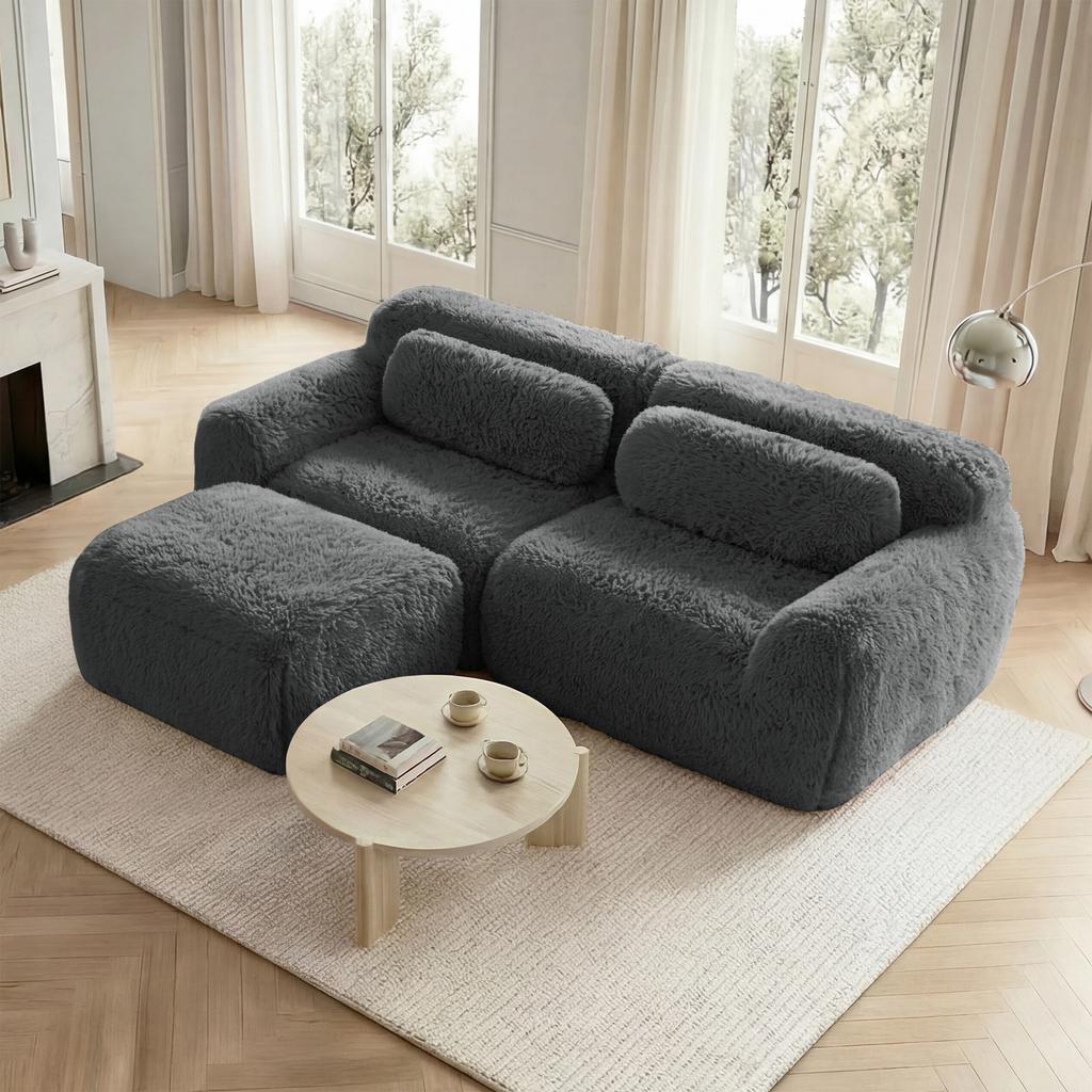 L-shaped 2-seater sofa, soft plush fabric, modular, with cushions. Soft, elastic foam, no assembly required, suitable for small living rooms, Grey