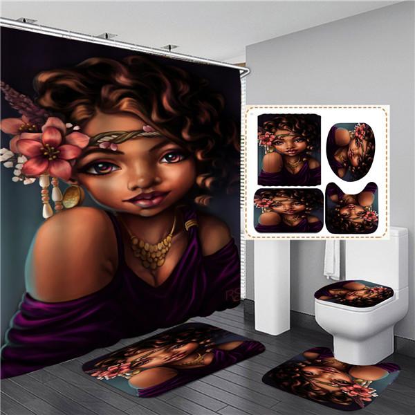 4PCS Full Set Bathroom Curtain Set Elegant African Black Woman Shower Curtain Hooks Modern Bath Mat Toilet Lid Cover Anti-slip Bath Mats
