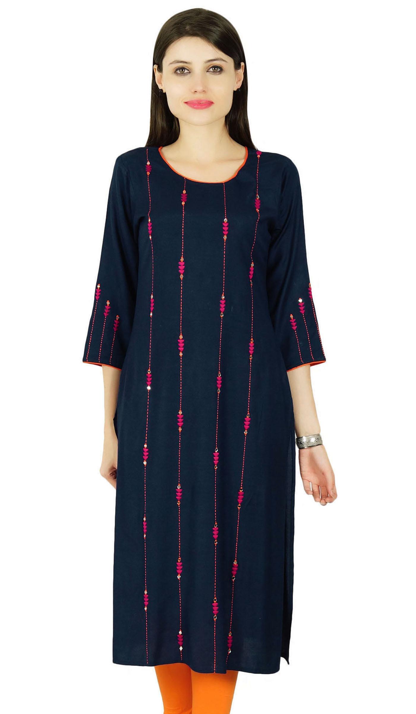 

Phagun Жіноча сукня-туніка в етнічному стилі Bollywood Kurti Hand Work Rayon Kurta 6 темно-синього кольору