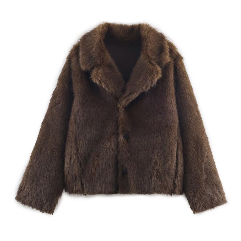 

European-American Women s Faux Fur Double-Sided Jacket Coat Medium коричневый/кофейный