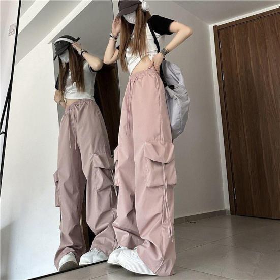 Retro Dámské Elastické Kalhoty Cargo Kalhoty s vysokým pasem Stahovací šňůrka Více kapes Rovné Široké nohavice Ležérní Dlouhé kalhoty Streetwear